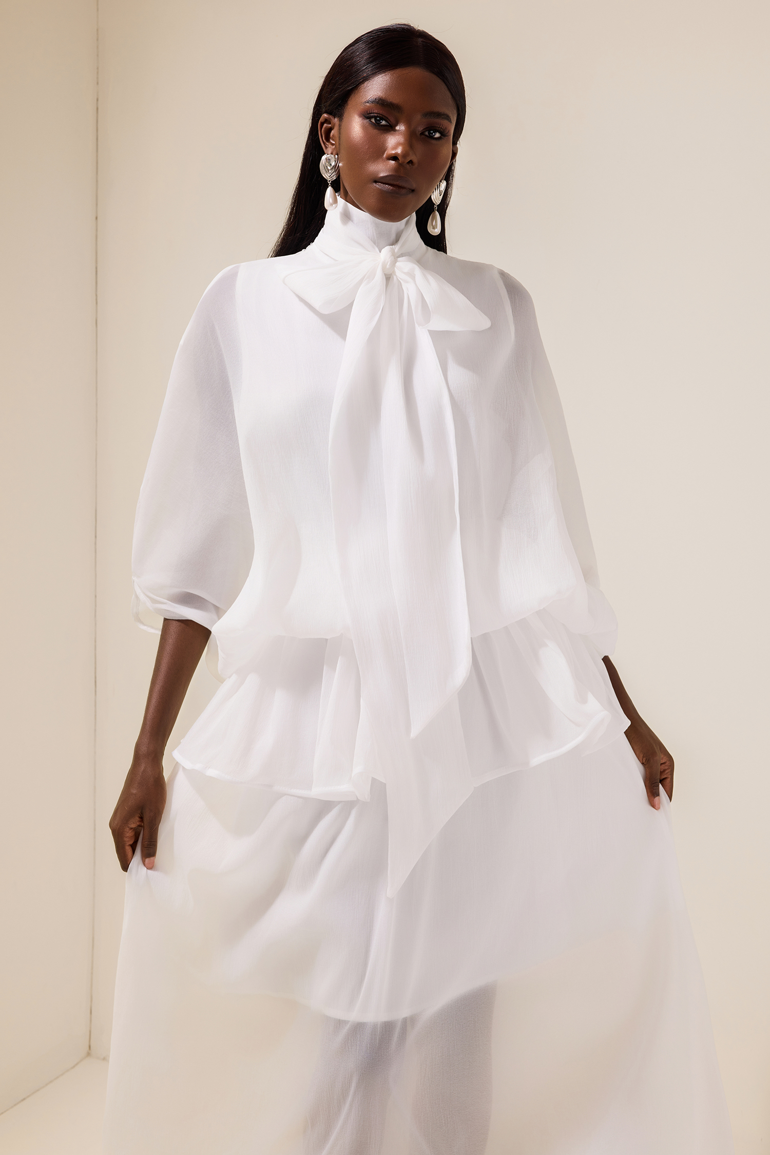 Tie-Neck Ruffled Solid Maxi Dress