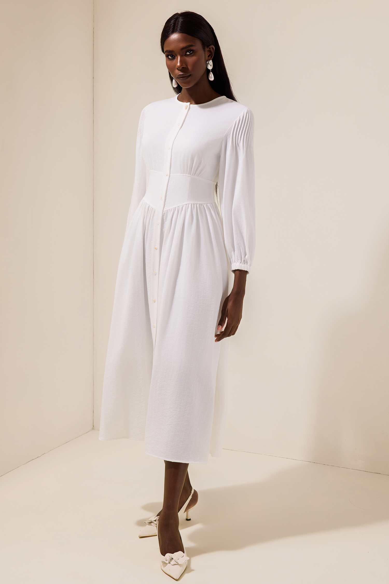 Solid Bottom Lantern Sleeve Midi Dress