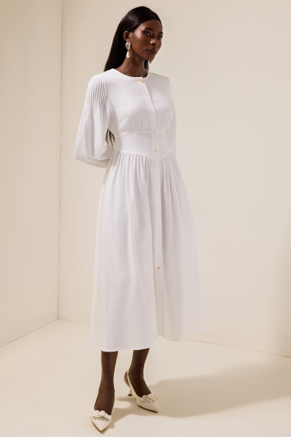 Solid Bottom Lantern Sleeve Midi Dress