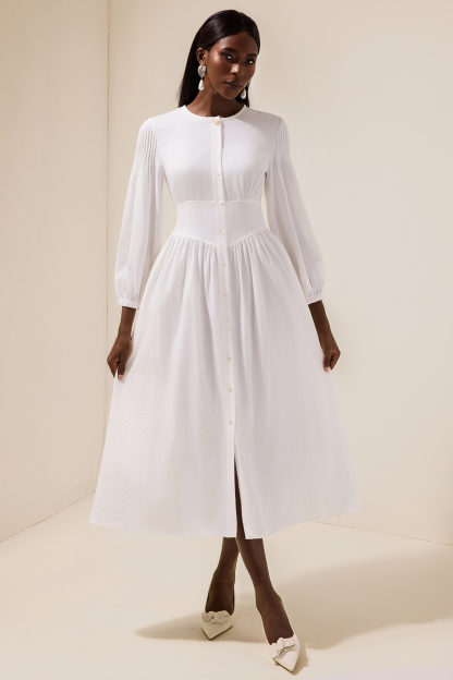 Solid Bottom Lantern Sleeve Midi Dress