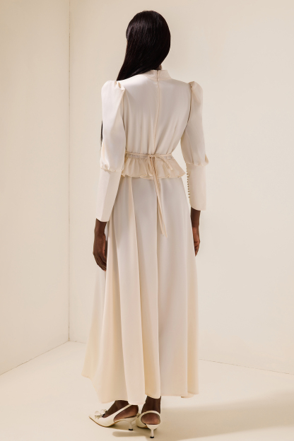 Satin Faux Pearl Button Frill Maxi Dress