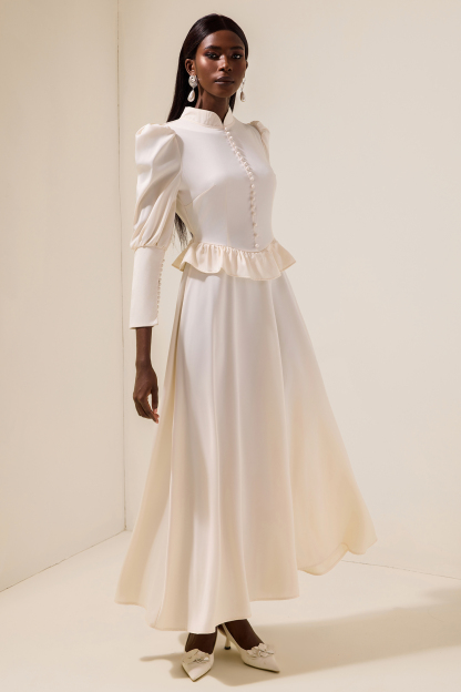 Satin Faux Pearl Button Frill Maxi Dress