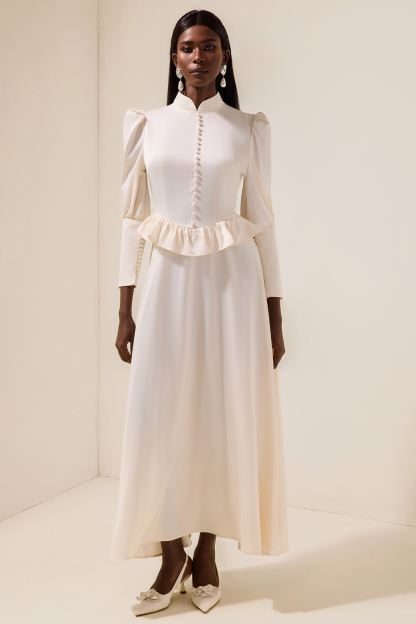 Satin Faux Pearl Button Frill Maxi Dress