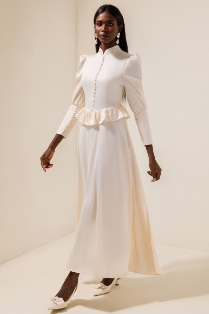 Satin Faux Pearl Button Frill Maxi Dress