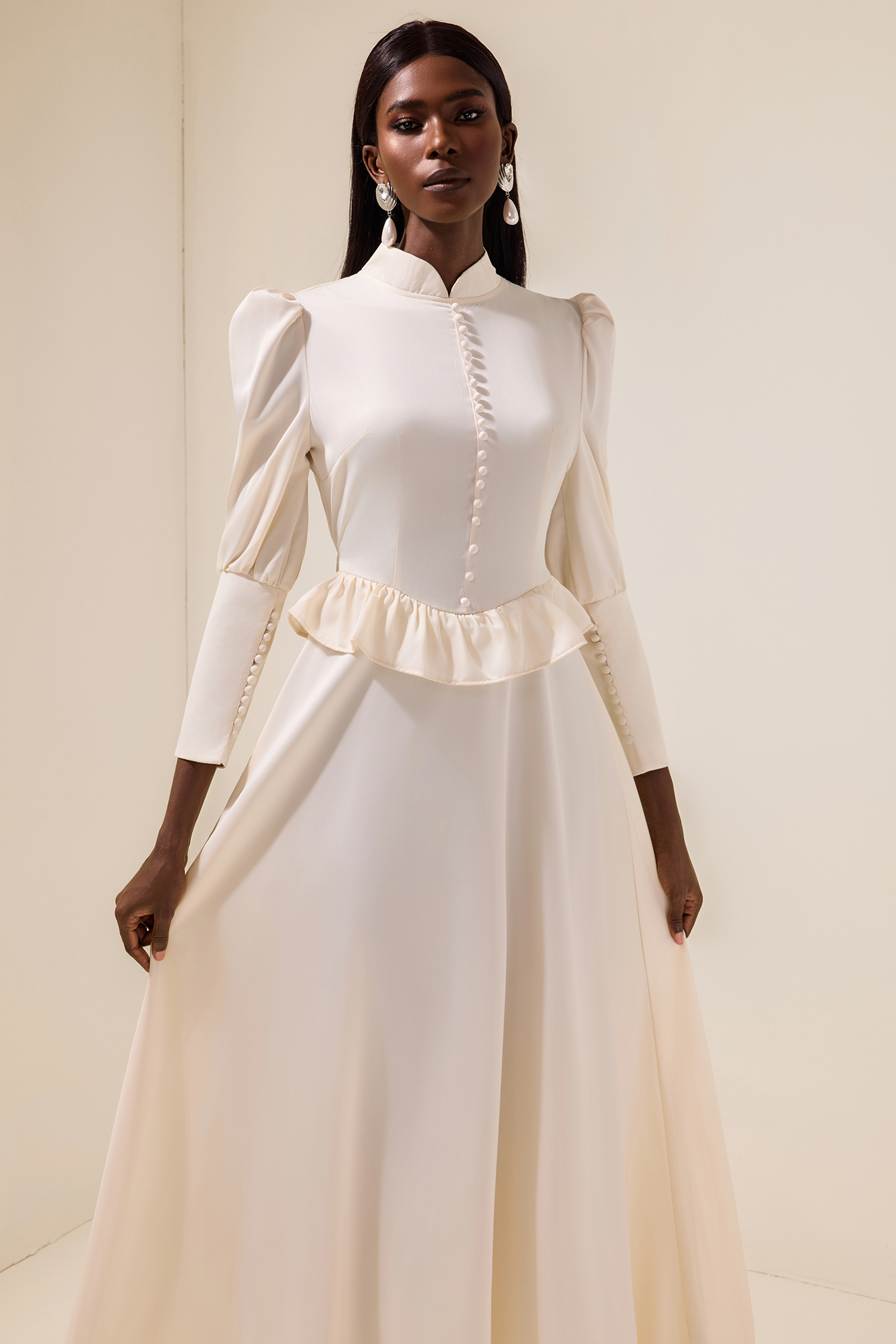 Satin Faux Pearl Button Frill Maxi Dress