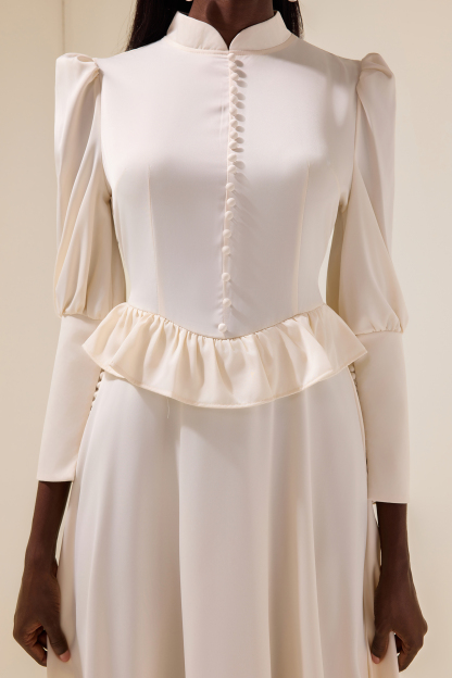 Satin Faux Pearl Button Frill Maxi Dress