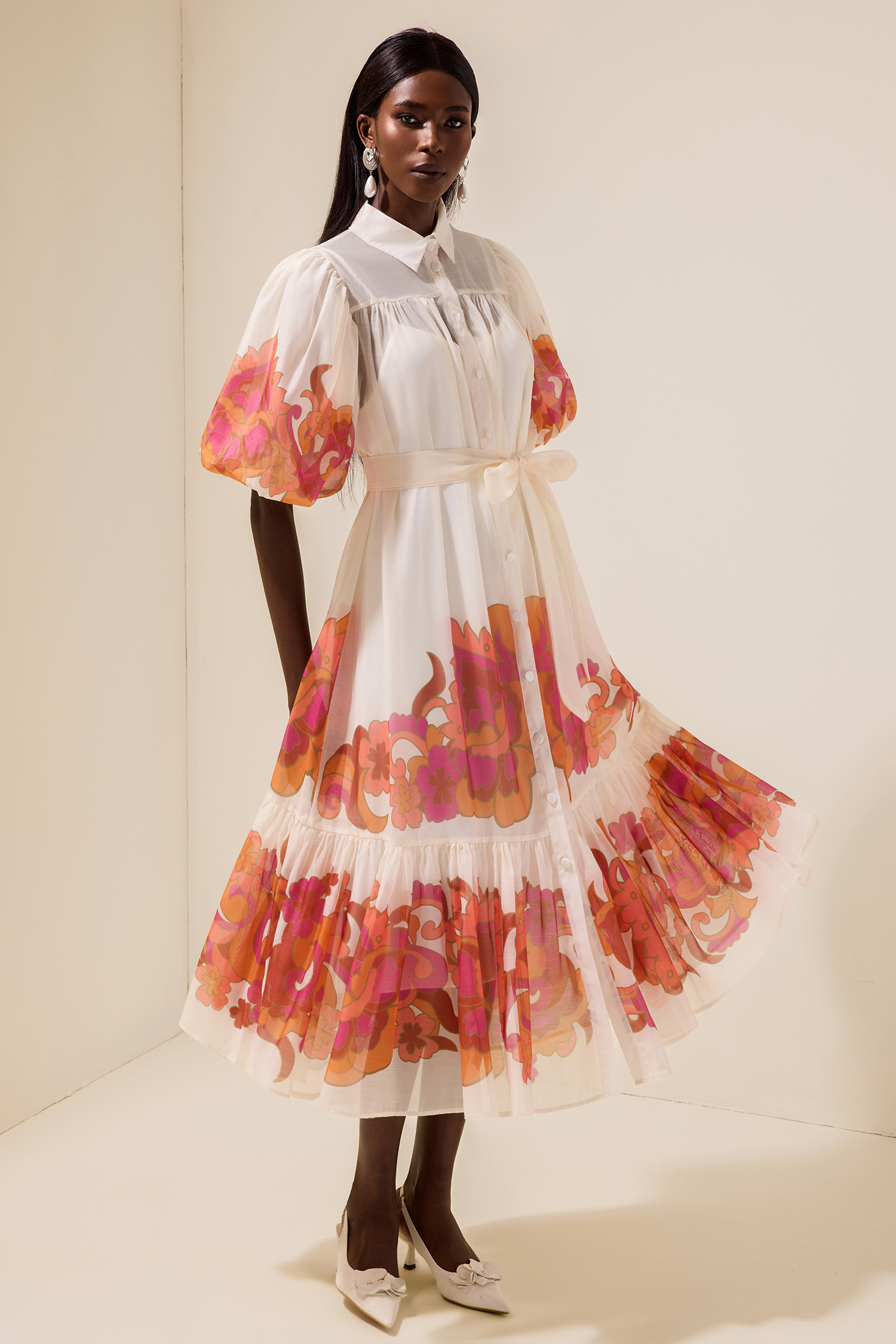 Floral Shirt Collar Single Breasted Midi Dress