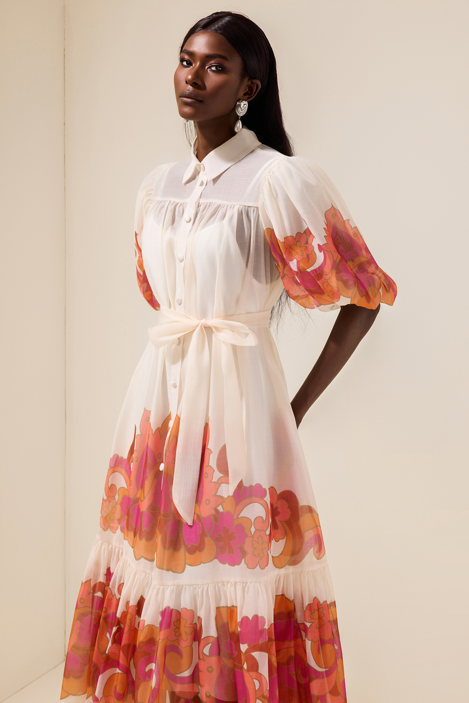 Floral Shirt Collar Single Breasted Midi Dress