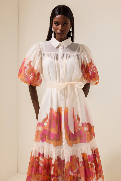 Floral Shirt Collar Single Breasted Midi Dress