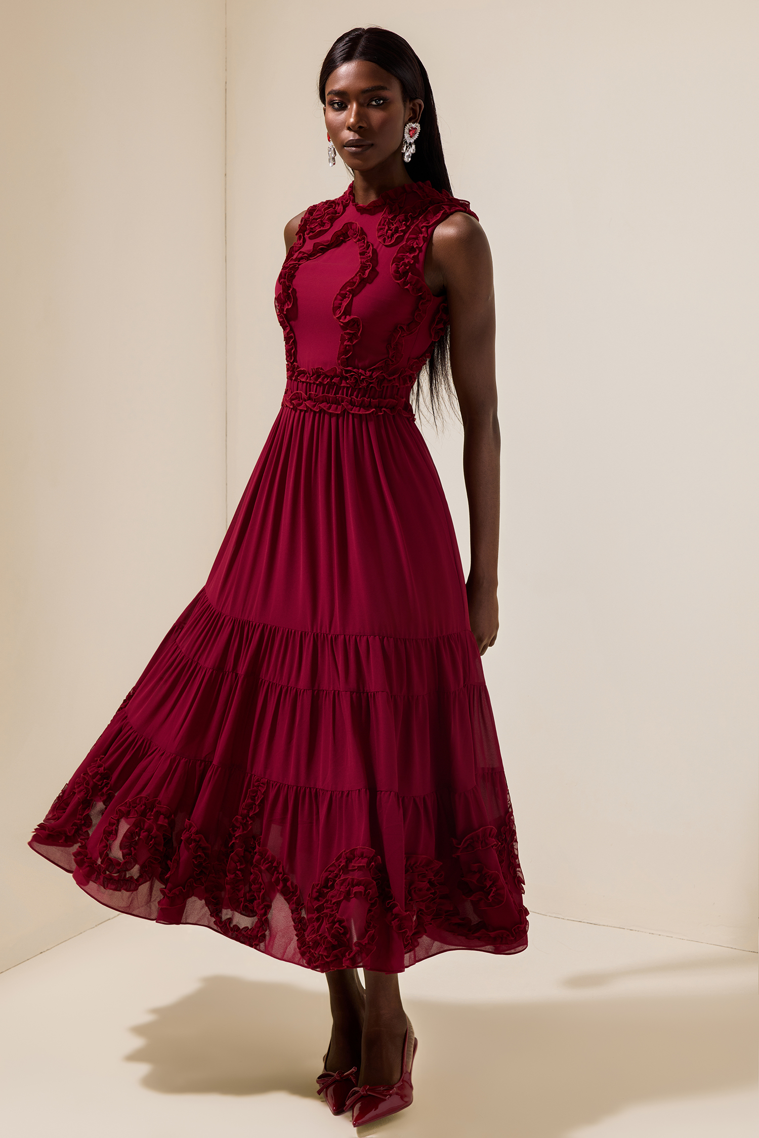 Chiffon Frill Sleeveless Midi Dress