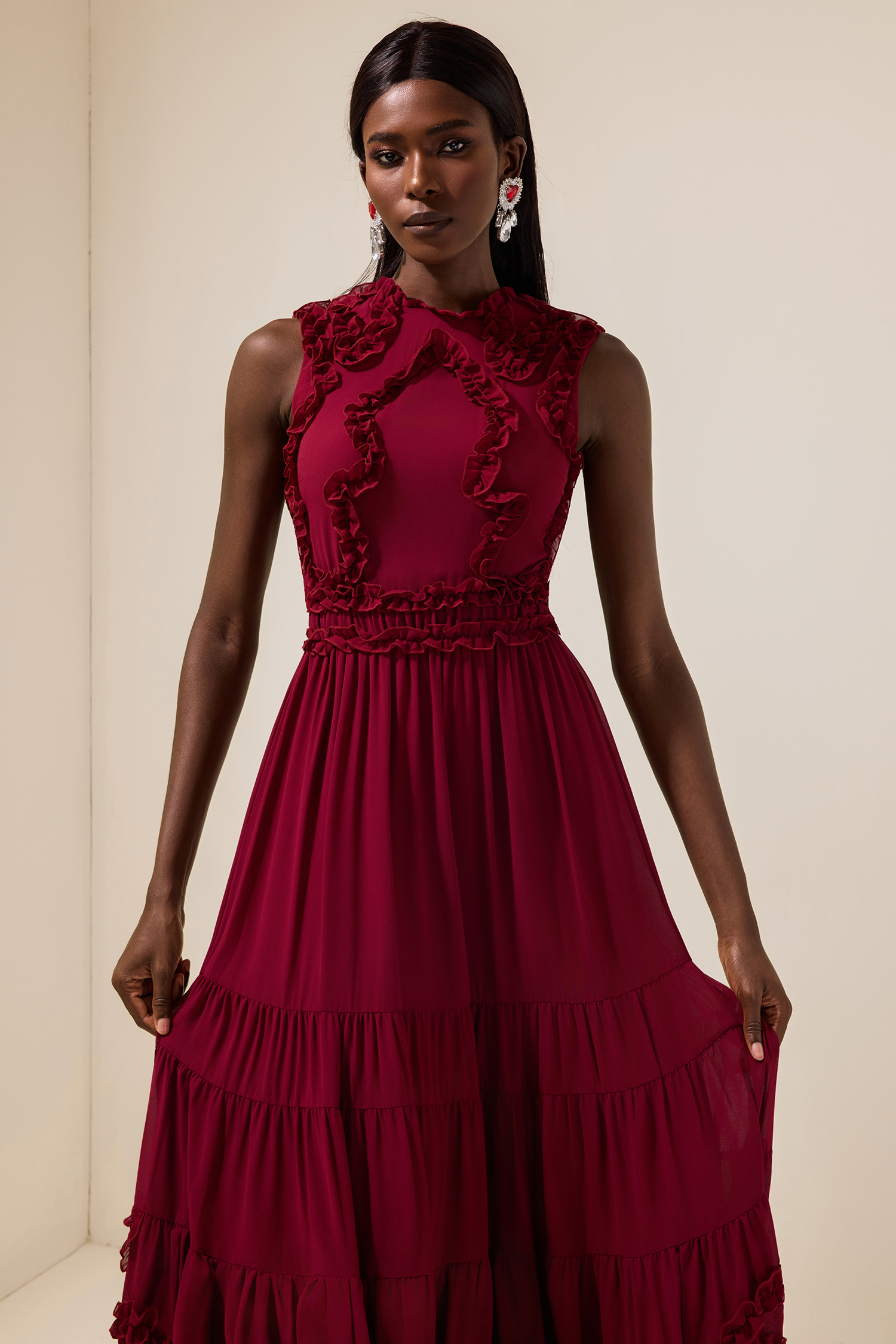 Chiffon Frill Sleeveless Midi Dress