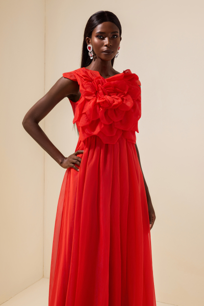 Mesh 3D Flower Maxi Dress