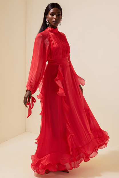 Solid Stand Collar Pleated Frill Maxi Dress With Belt