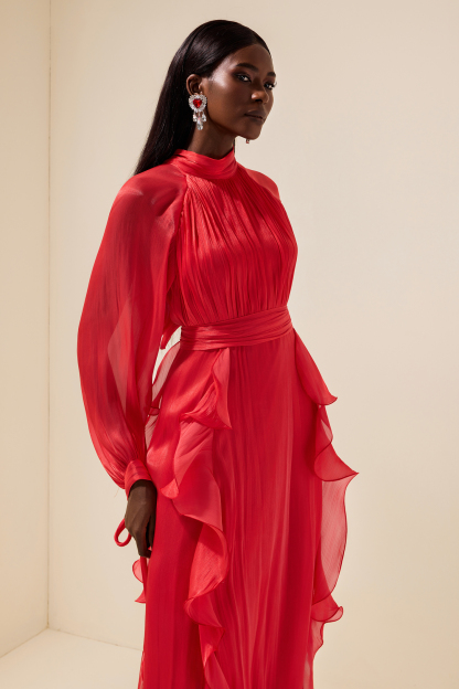 Solid Stand Collar Pleated Frill Maxi Dress With Belt