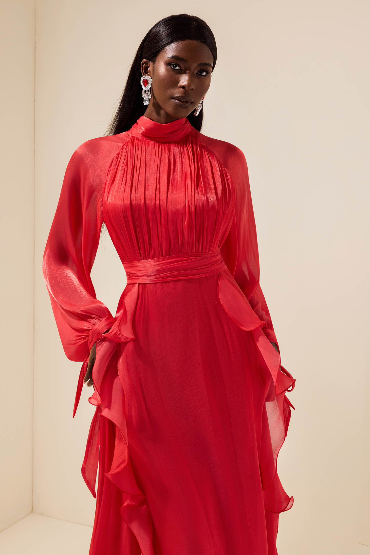 Solid Stand Collar Pleated Frill Maxi Dress With Belt
