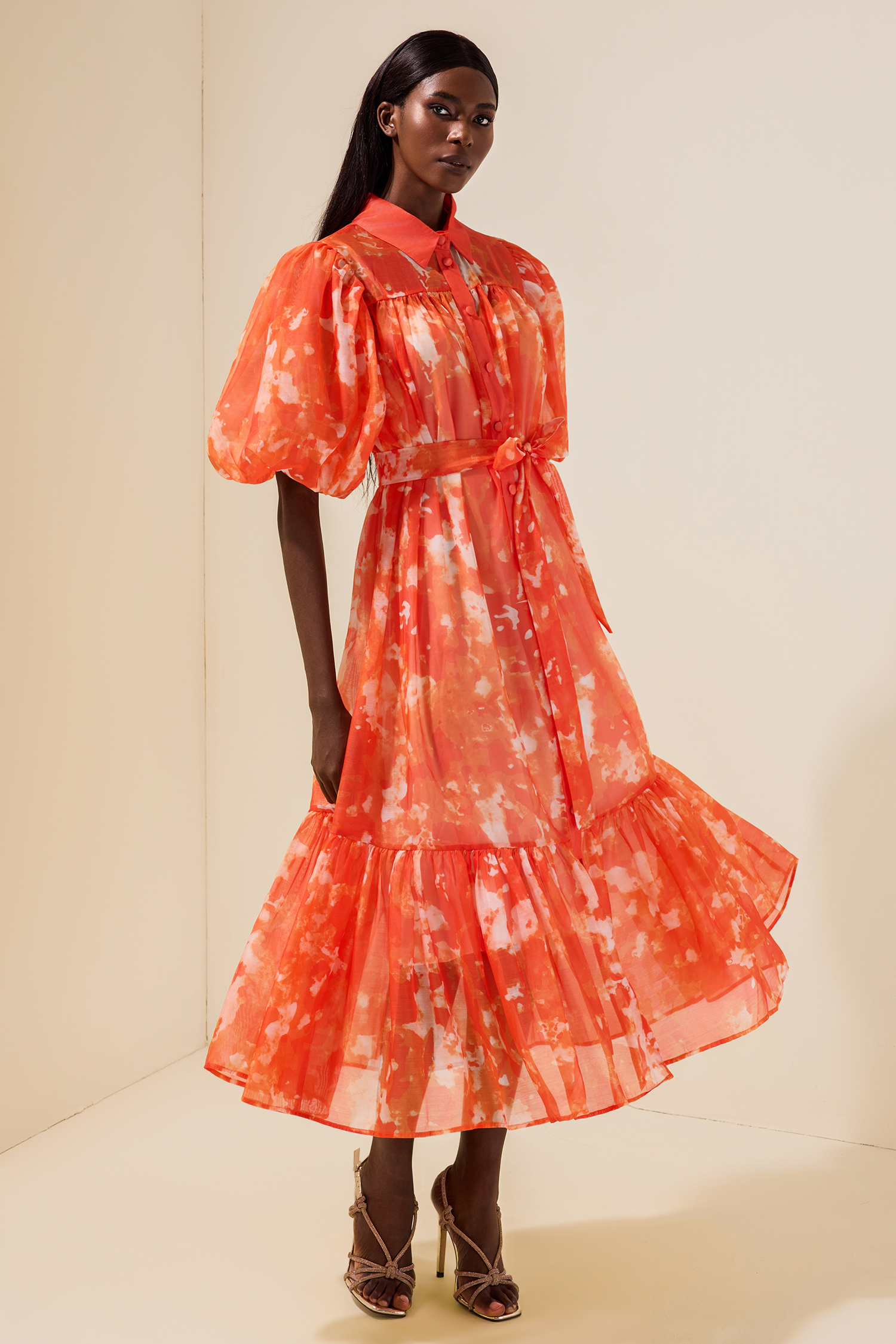 Abstract Print Single Breasted Midi Dress With Belt