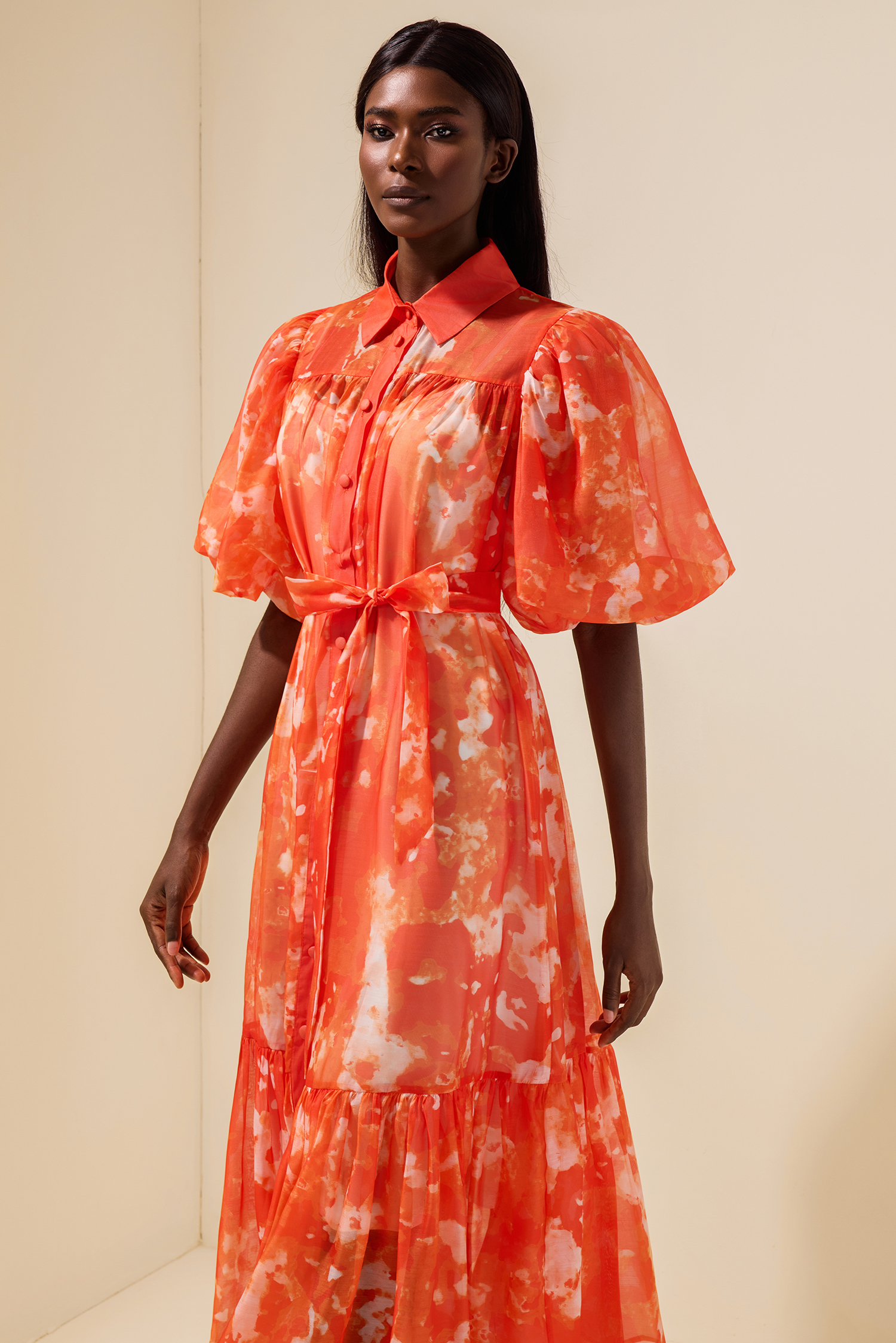 Abstract Print Single Breasted Midi Dress With Belt