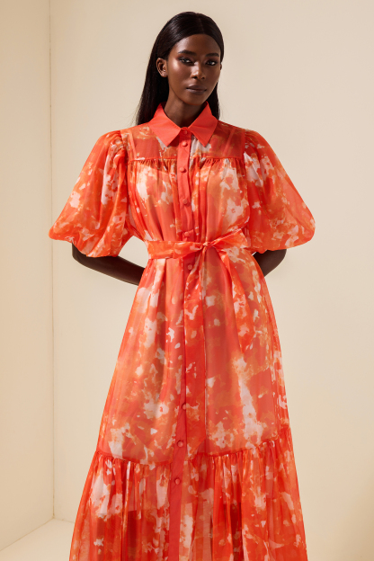 Abstract Print Single Breasted Midi Dress With Belt