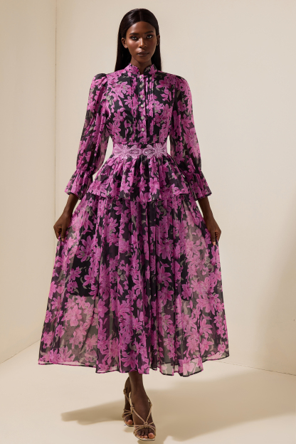 Floral Stand Collar Single Breasted Midi Dress With Belt