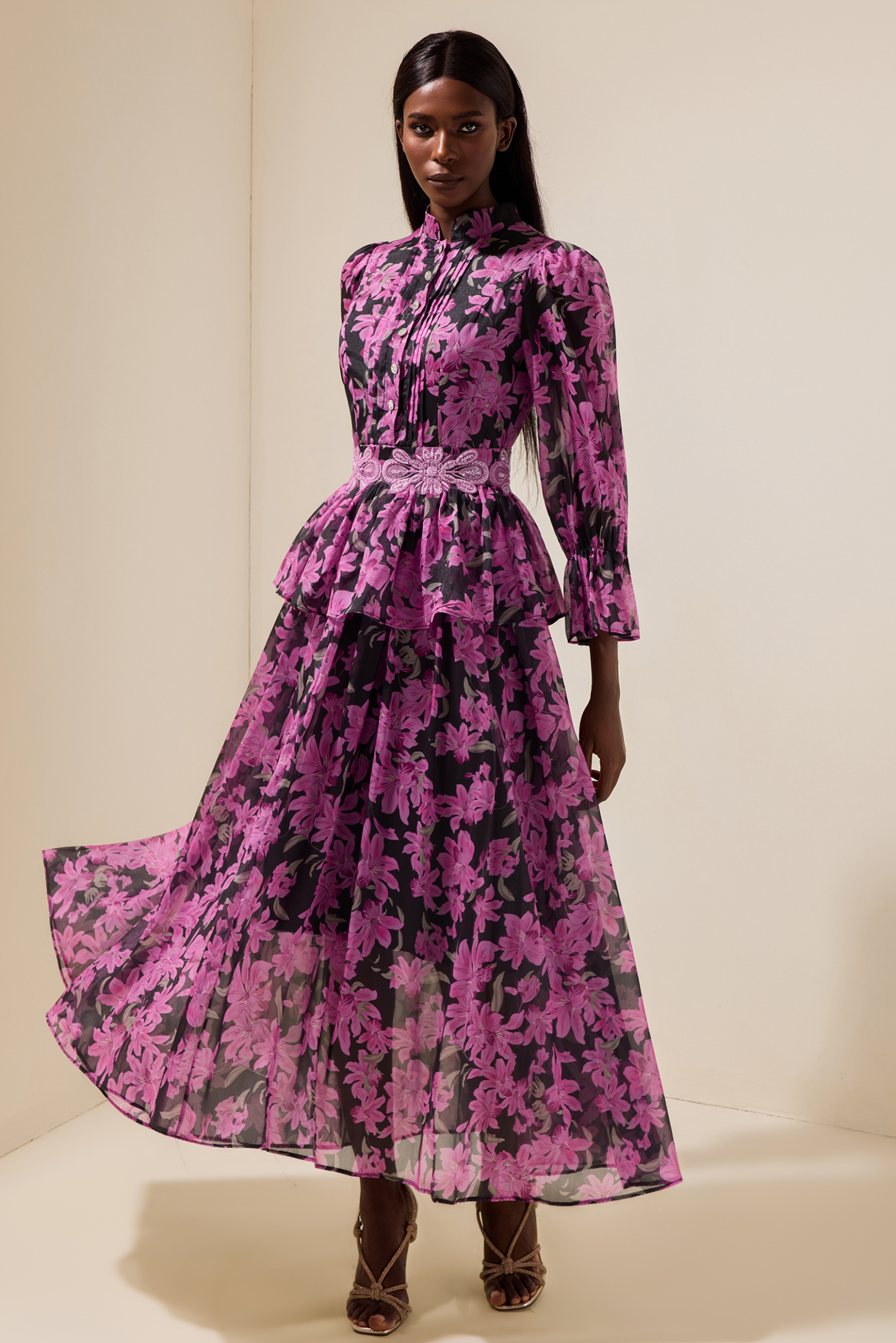 Floral Stand Collar Single Breasted Midi Dress With Belt