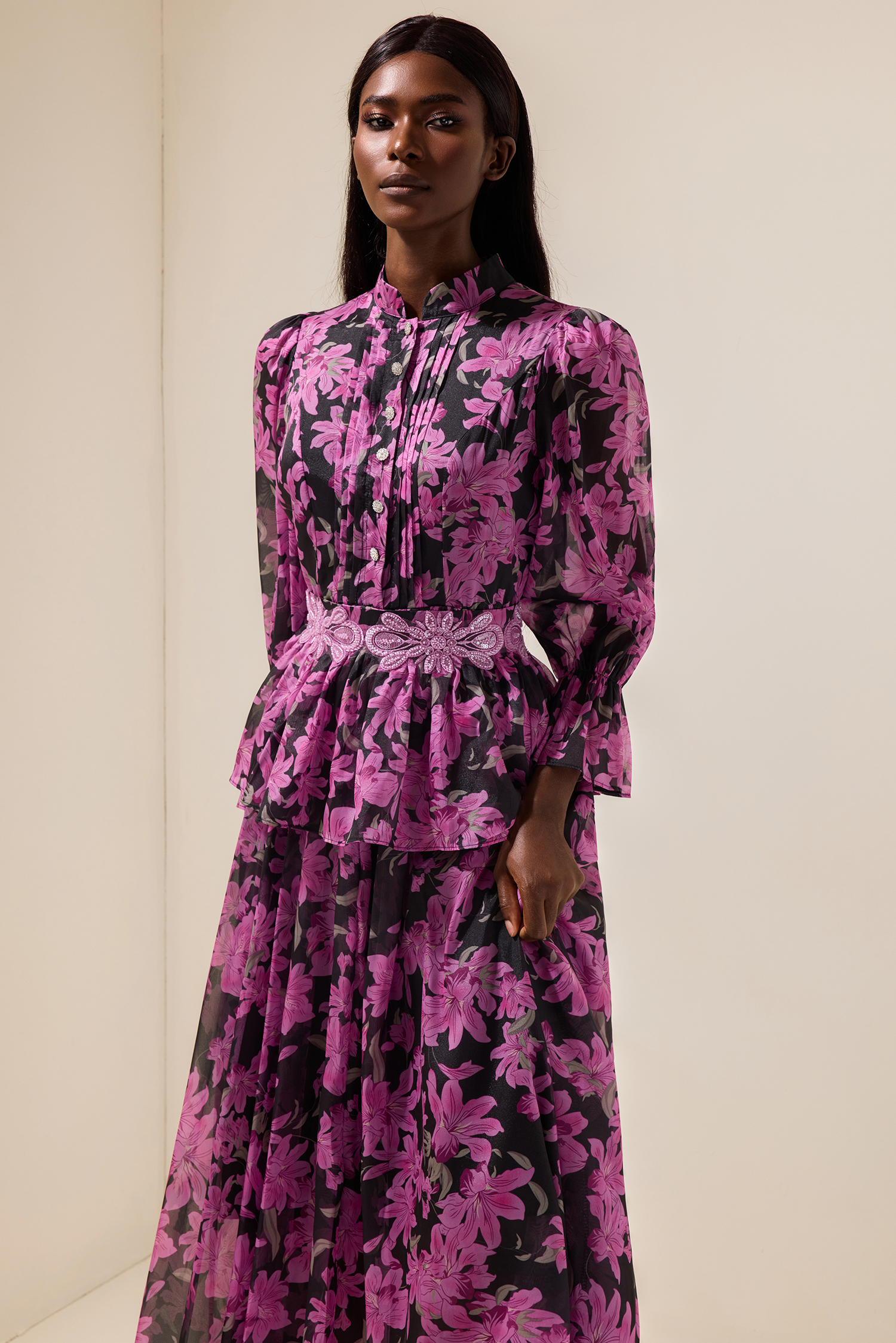 Floral Stand Collar Single Breasted Midi Dress With Belt