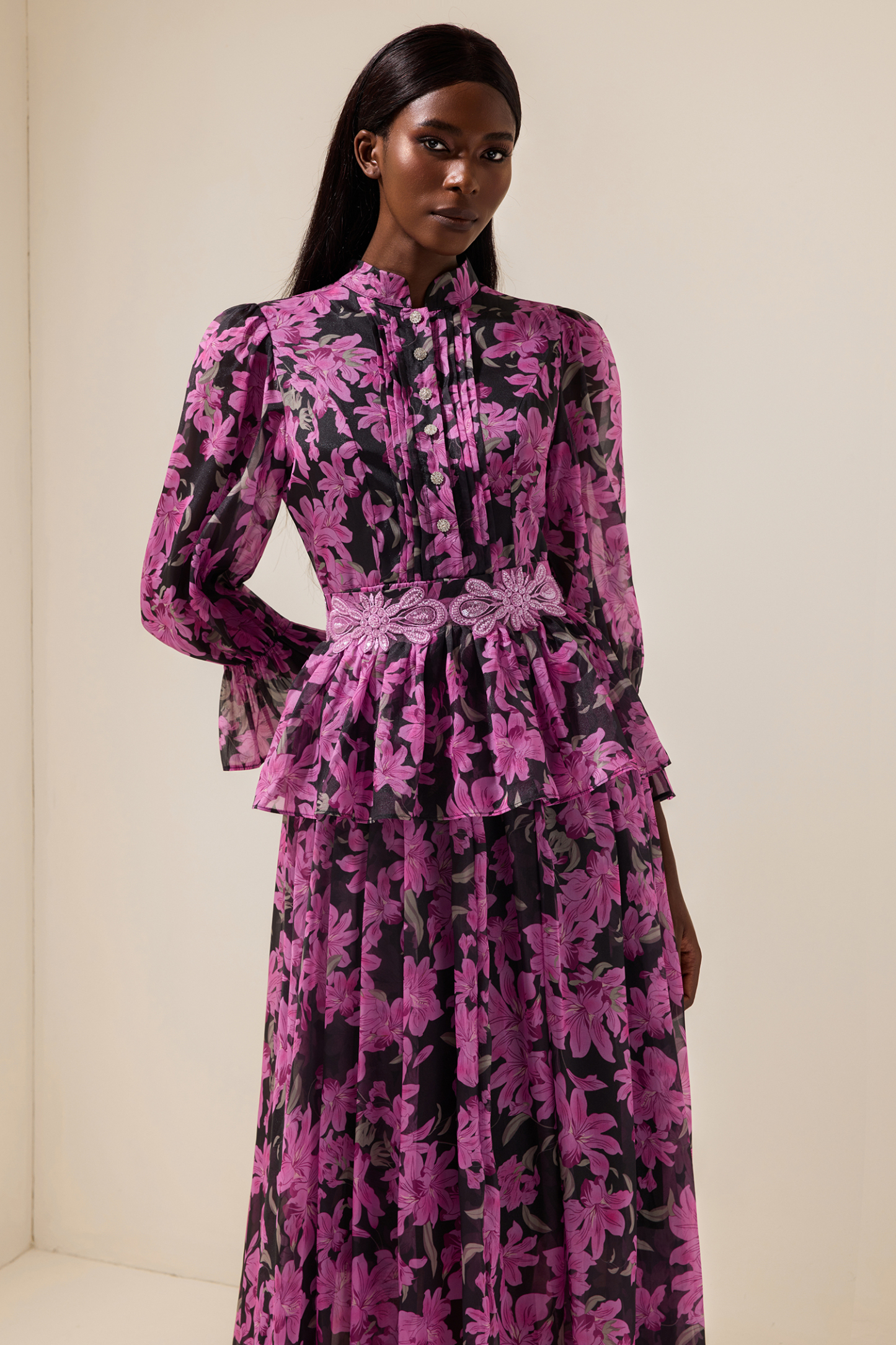 Floral Stand Collar Single Breasted Midi Dress With Belt