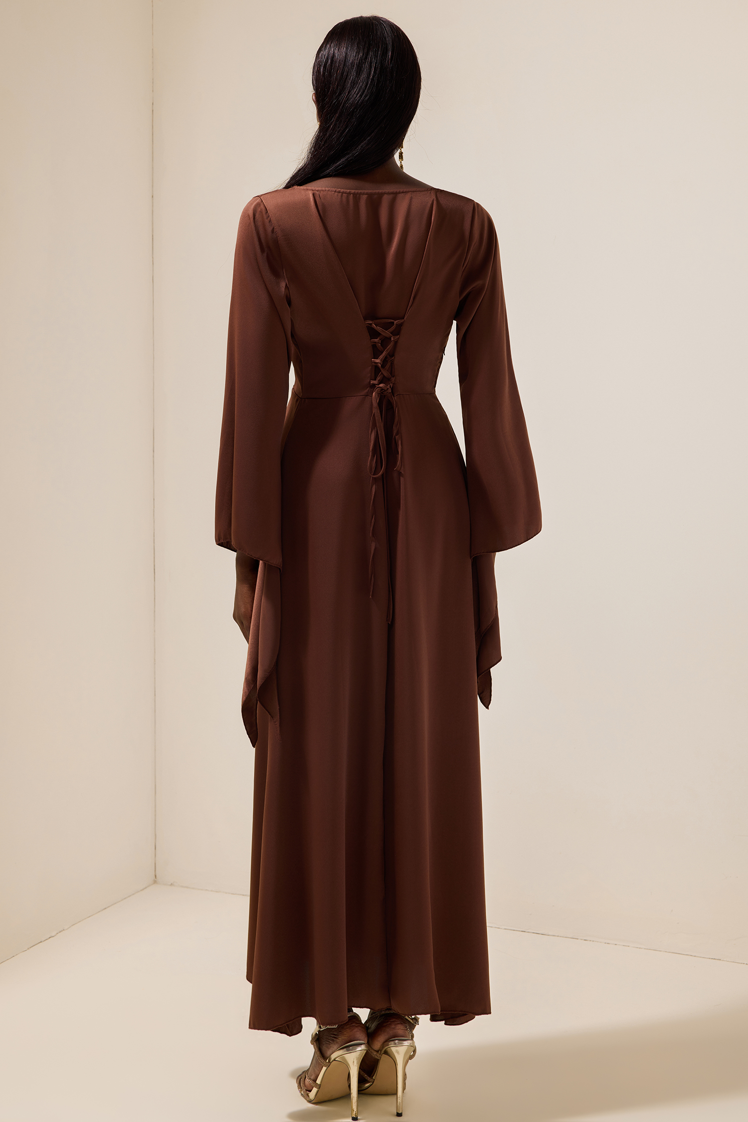 Satin Square Collar Tie-Up Slit Maxi Dress