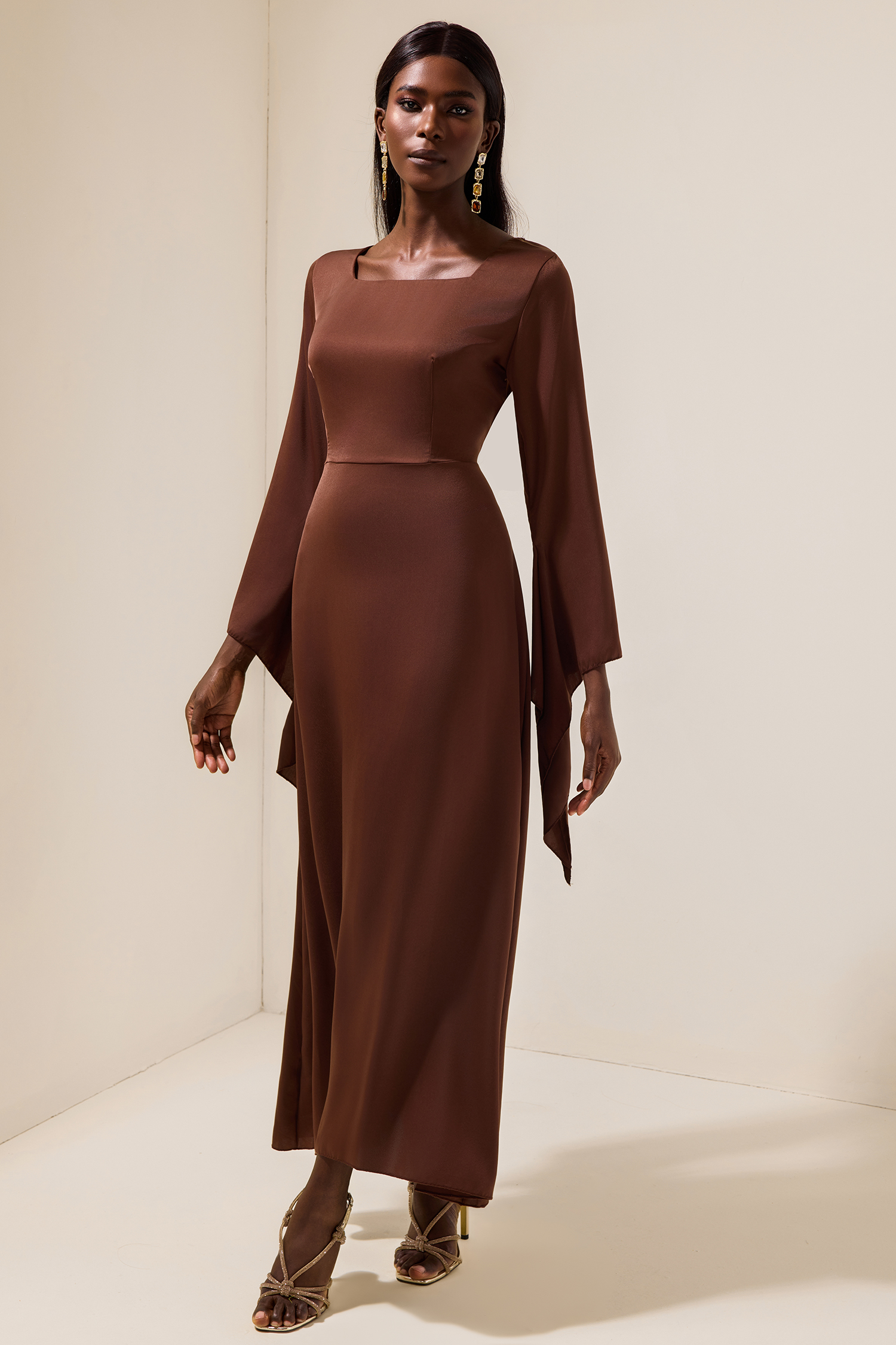 Satin Square Collar Tie-Up Slit Maxi Dress