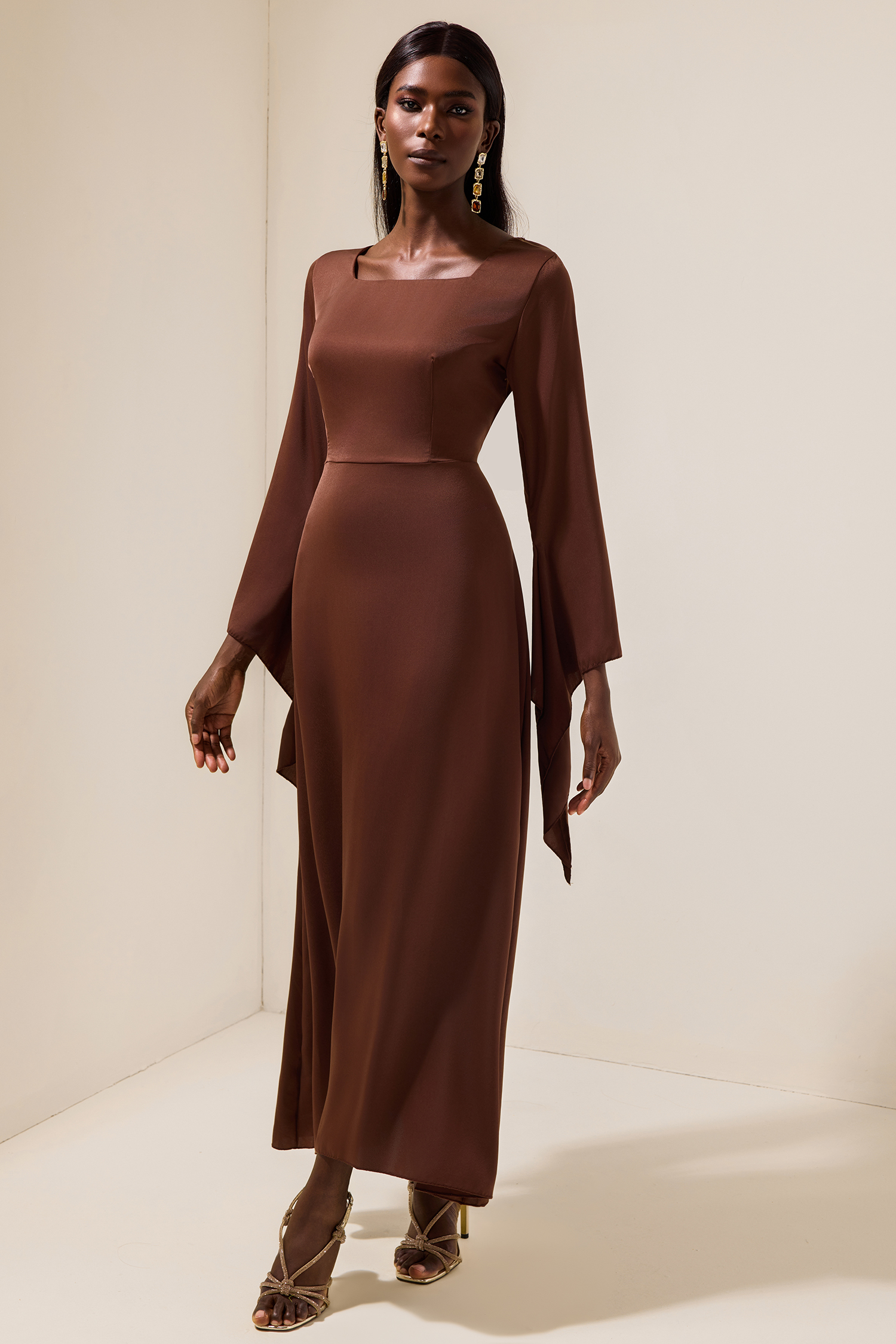 Satin Square Collar Tie-Up Slit Maxi Dress