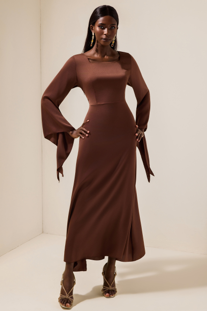 Satin Square Collar Tie-Up Slit Maxi Dress