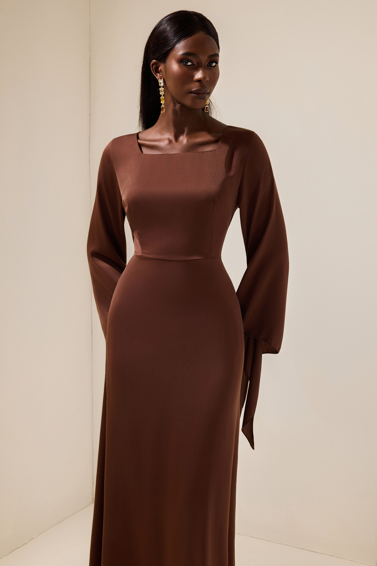 Satin Square Collar Tie-Up Slit Maxi Dress