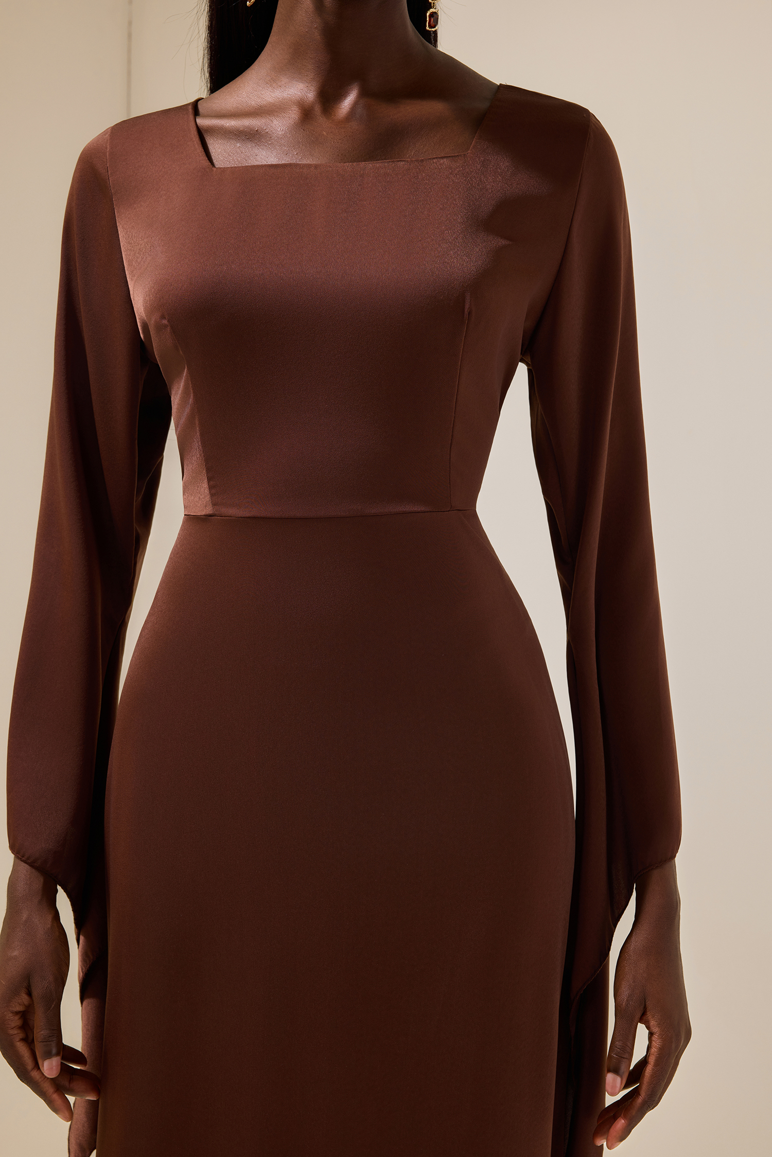 Satin Square Collar Tie-Up Slit Maxi Dress