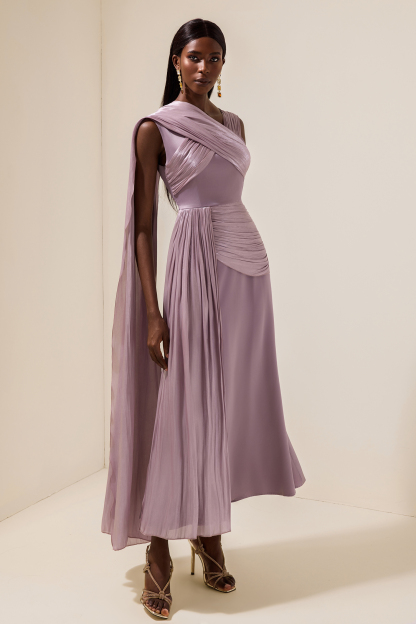 Satin Gathering Cape Sleeve Midi Dress