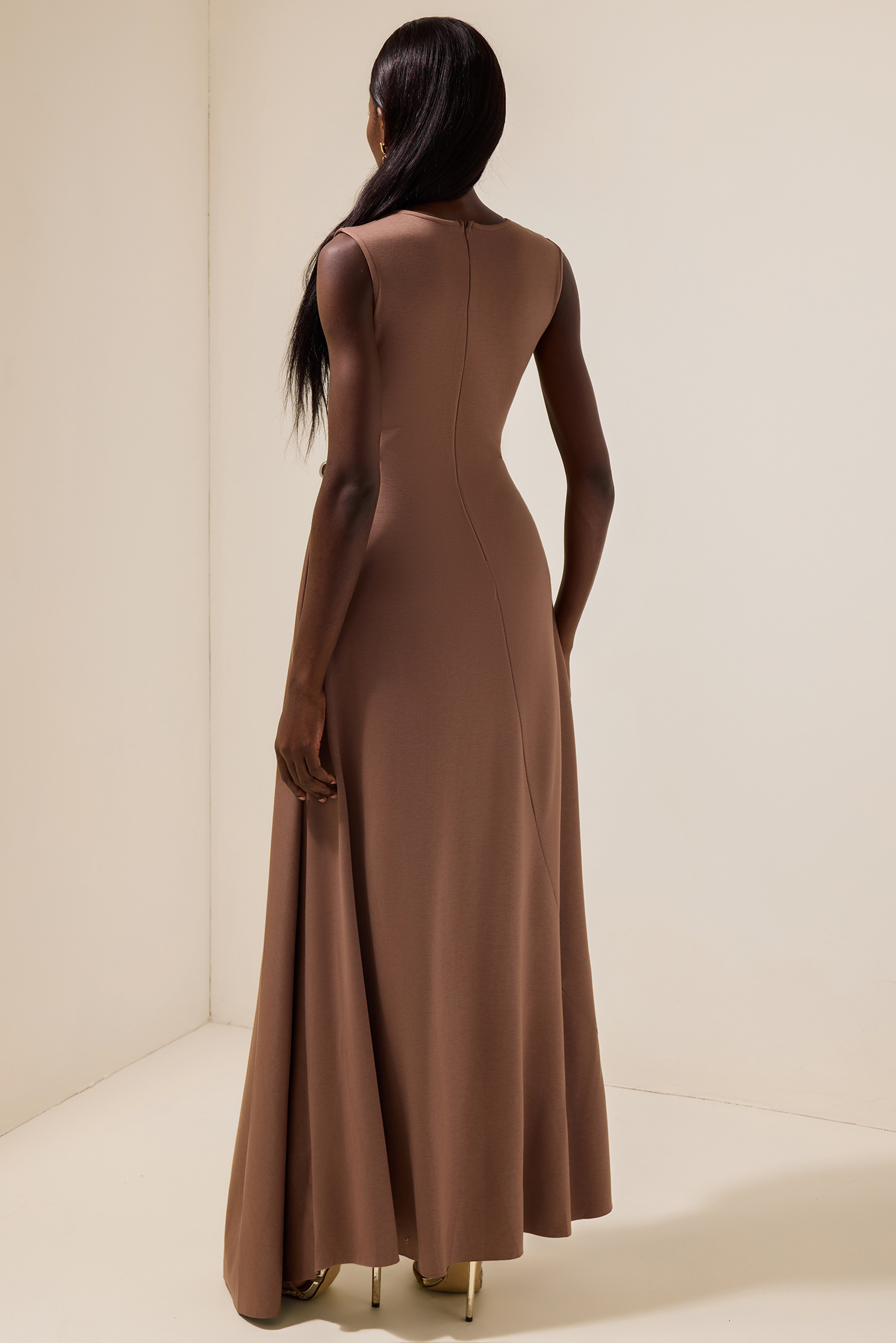 Jersey Round Neck Metal Button Maxi Dress