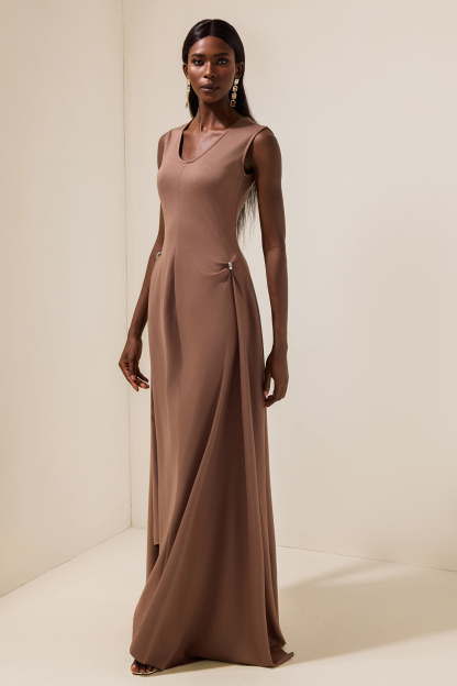 Jersey Round Neck Metal Button Maxi Dress