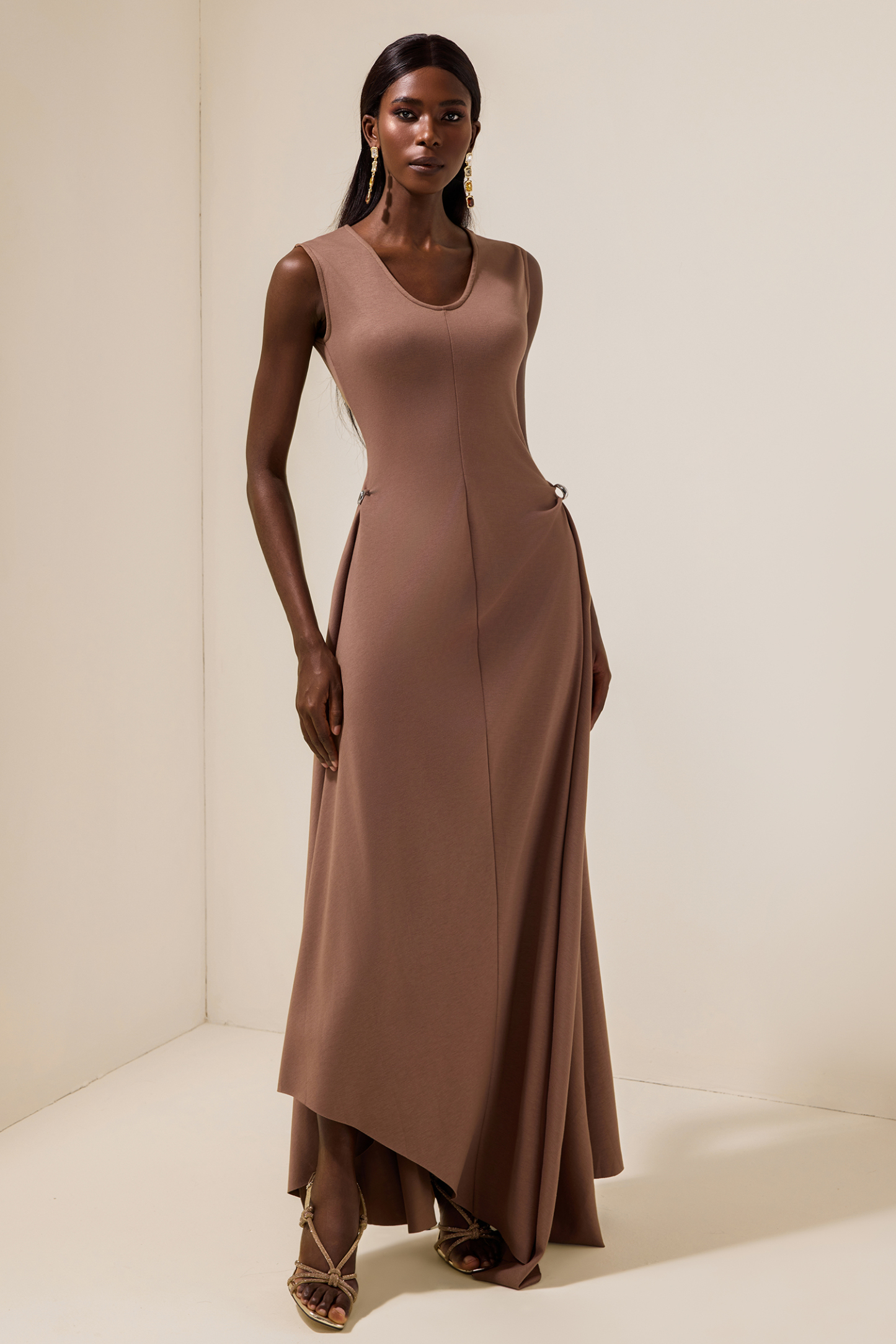 Jersey Round Neck Metal Button Maxi Dress