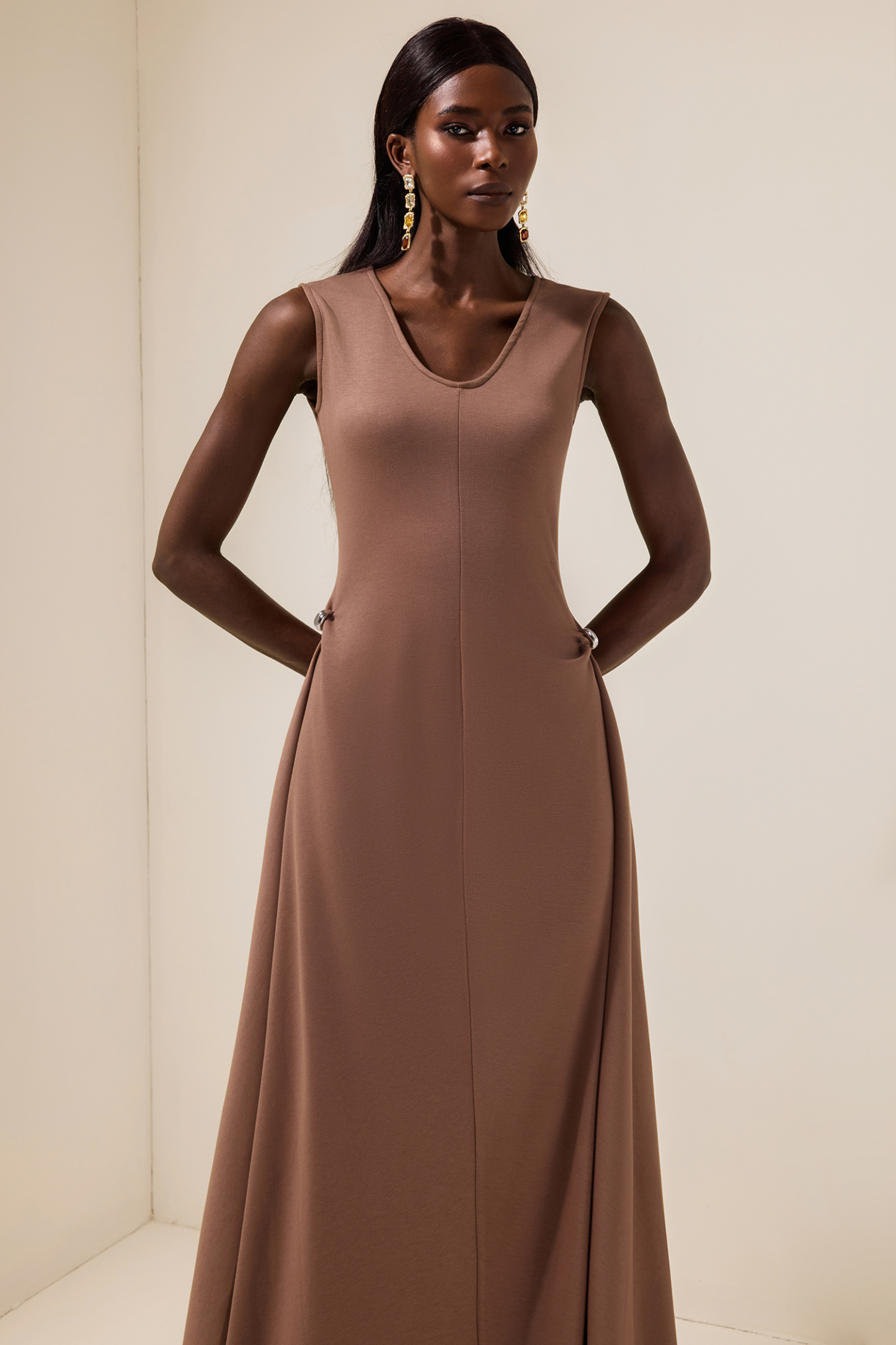 Jersey Round Neck Metal Button Maxi Dress