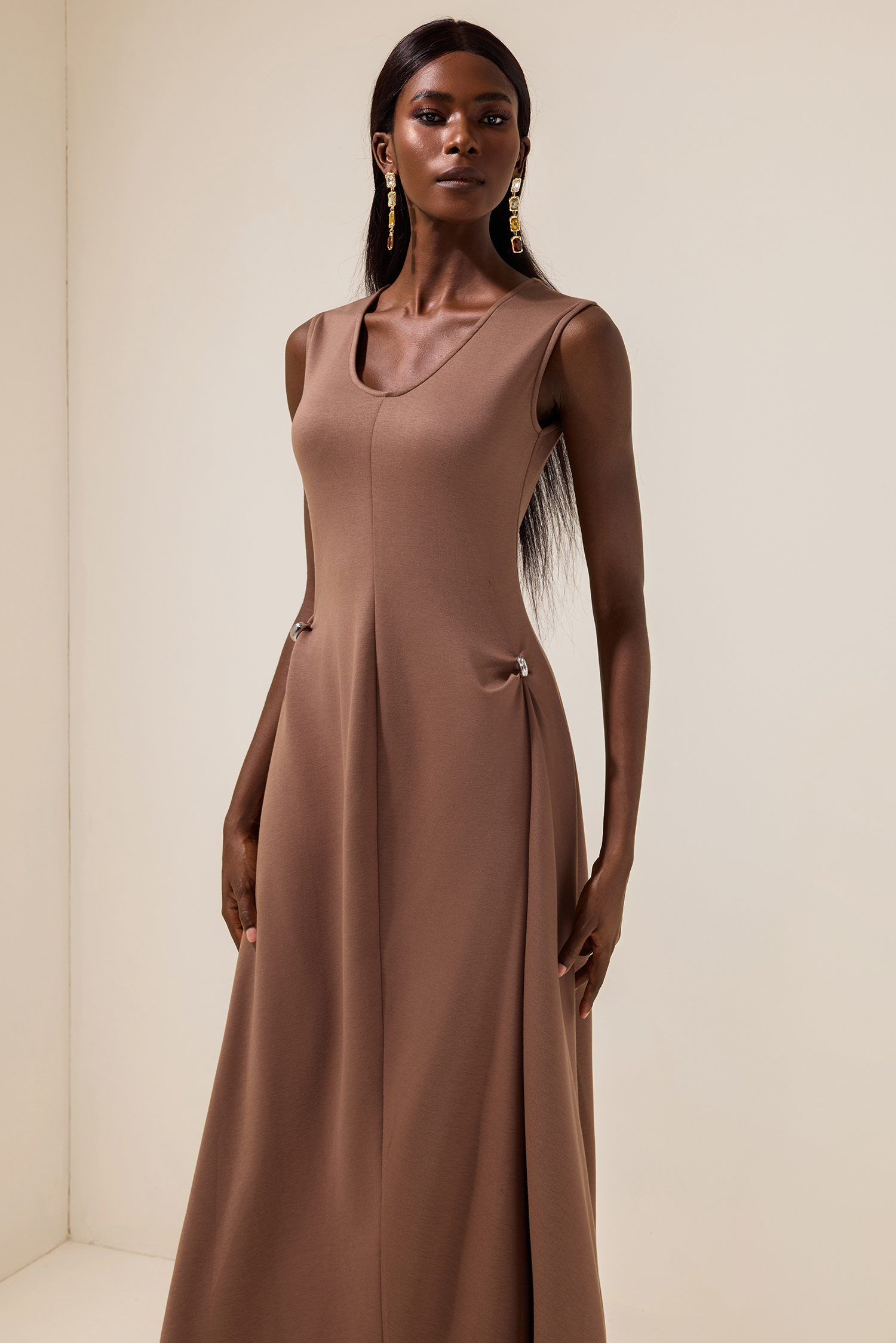 Jersey Round Neck Metal Button Maxi Dress