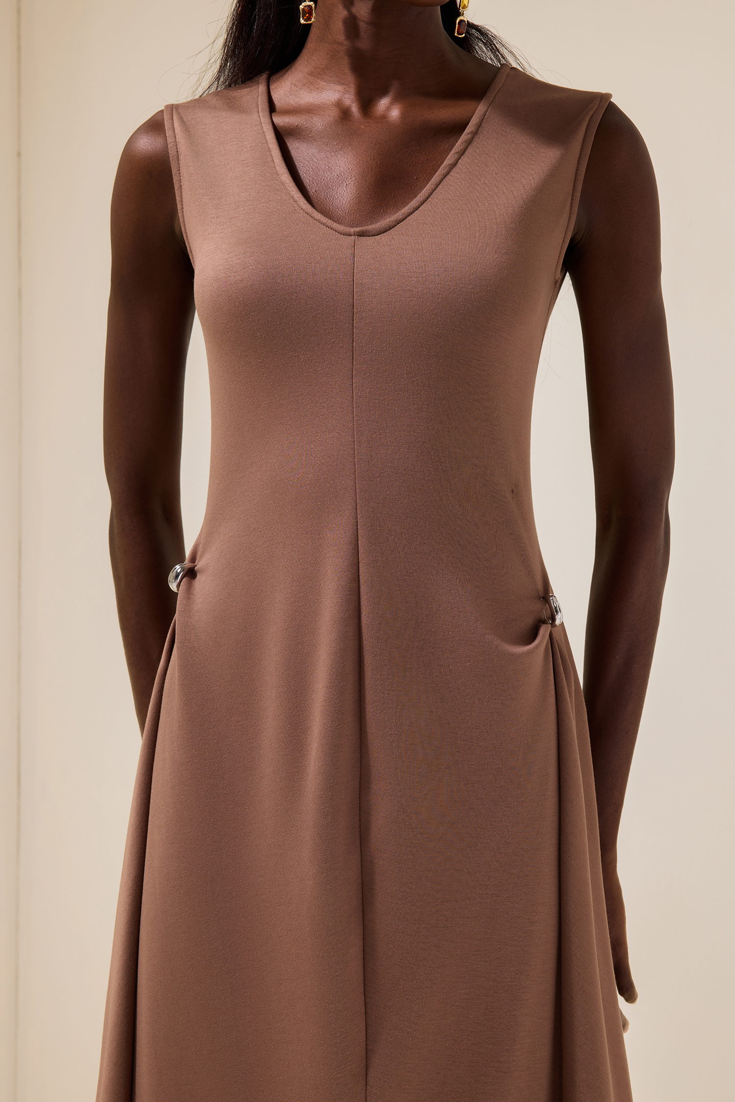 Jersey Round Neck Metal Button Maxi Dress