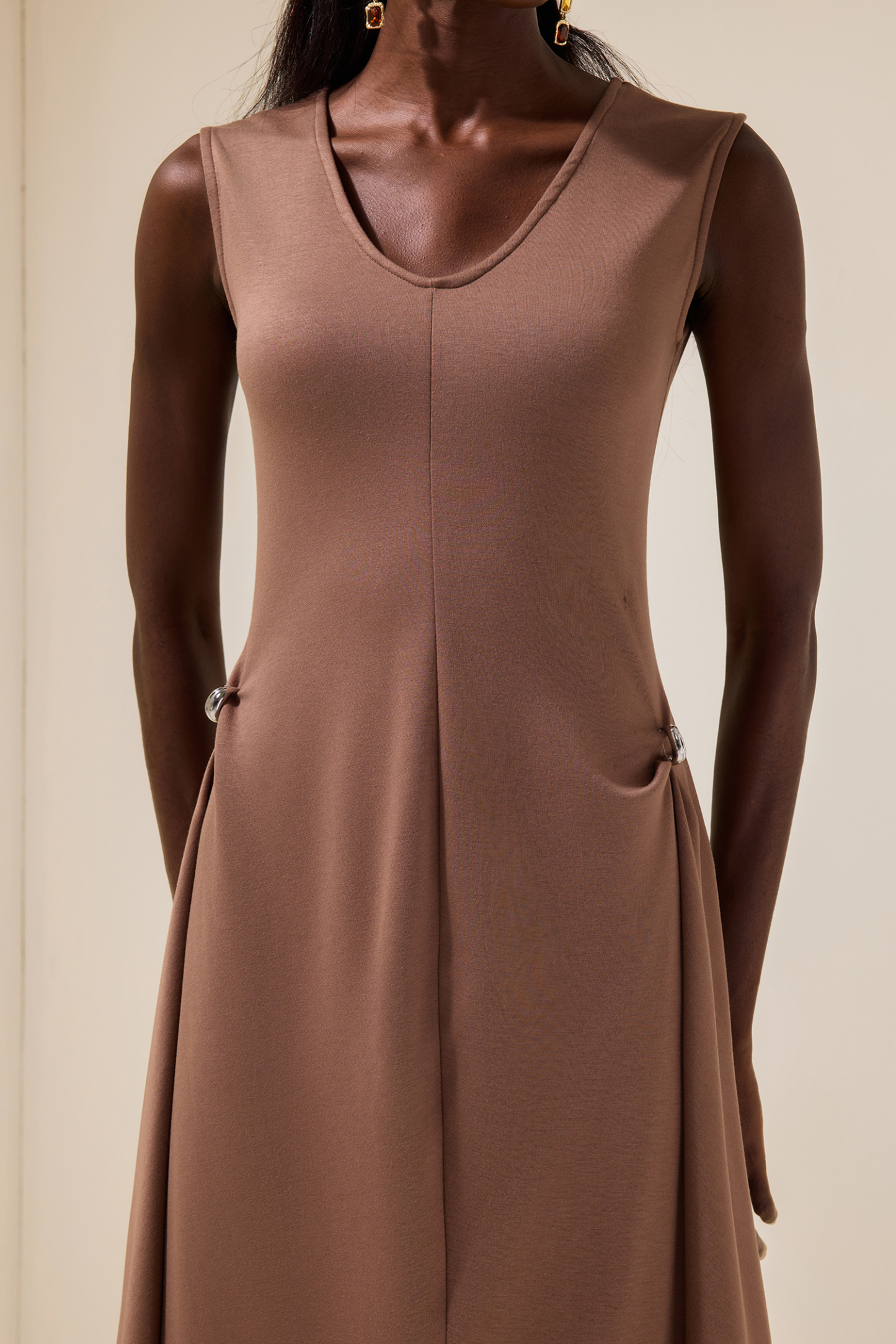 Jersey Round Neck Metal Button Maxi Dress