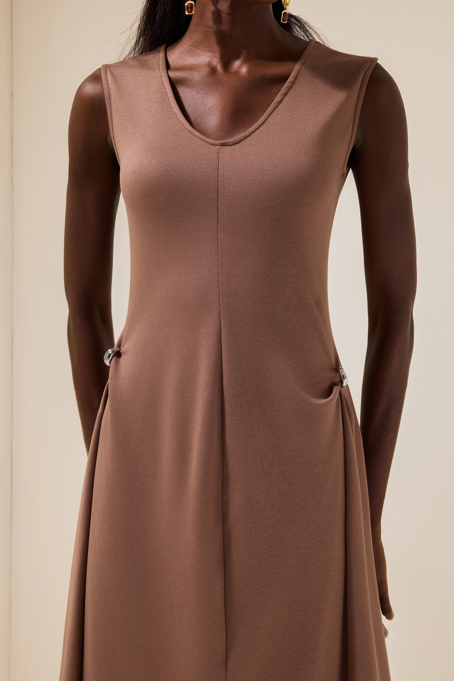 Jersey Round Neck Metal Button Maxi Dress