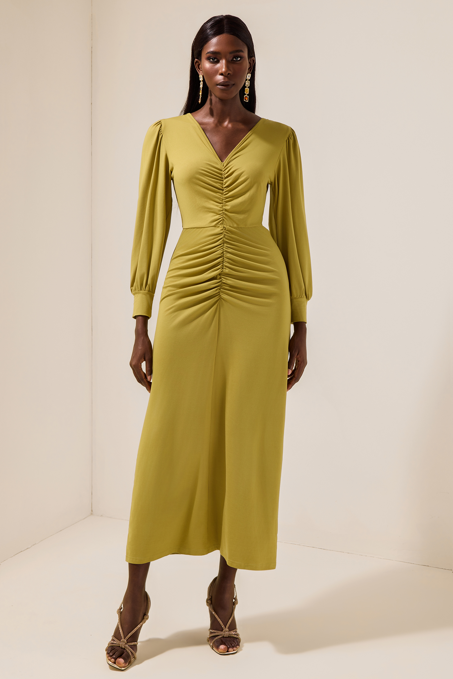Solid Ruched V-Neck Midi Dress