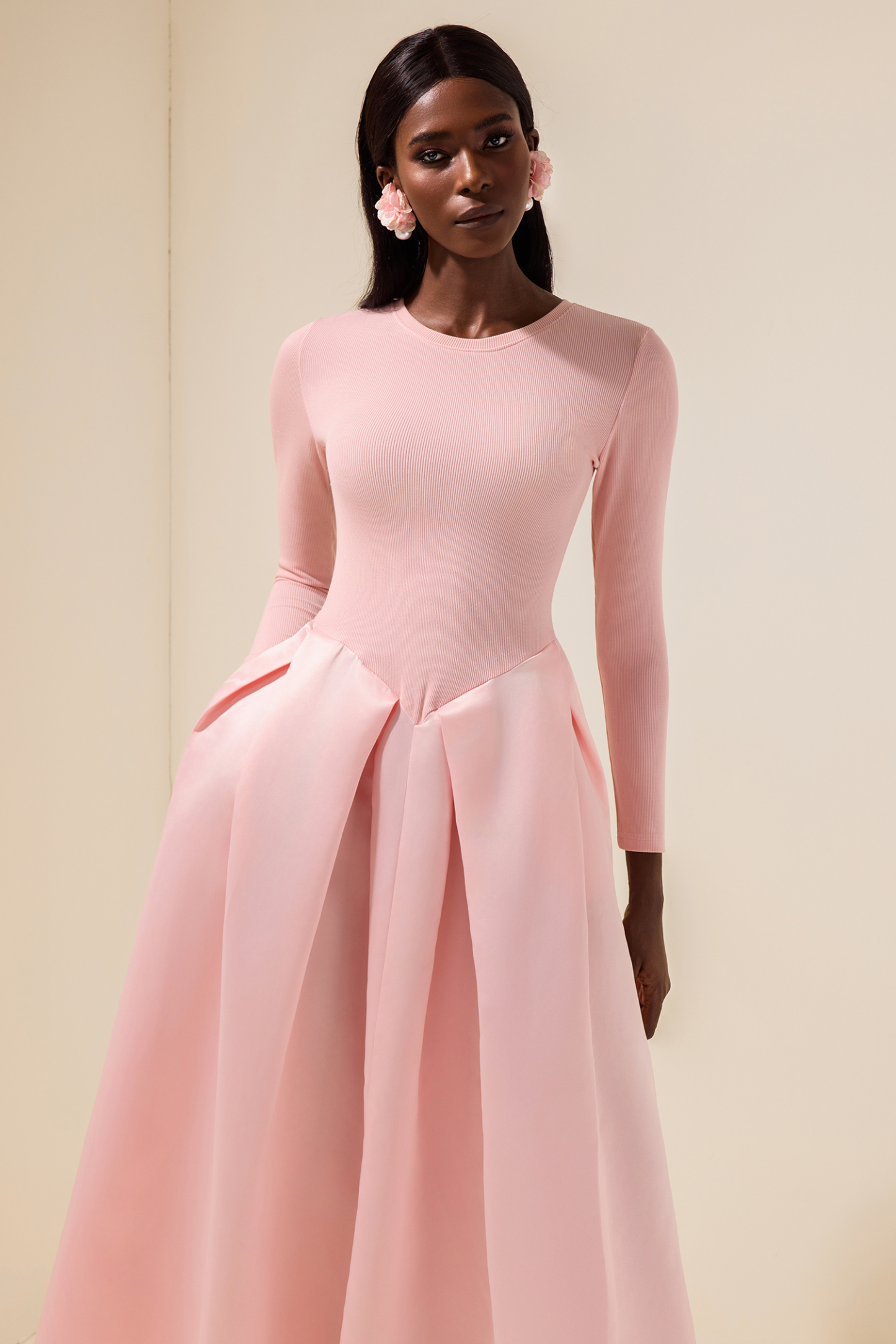 Jersey Splicing Satin Long Sleeve Midi Dress