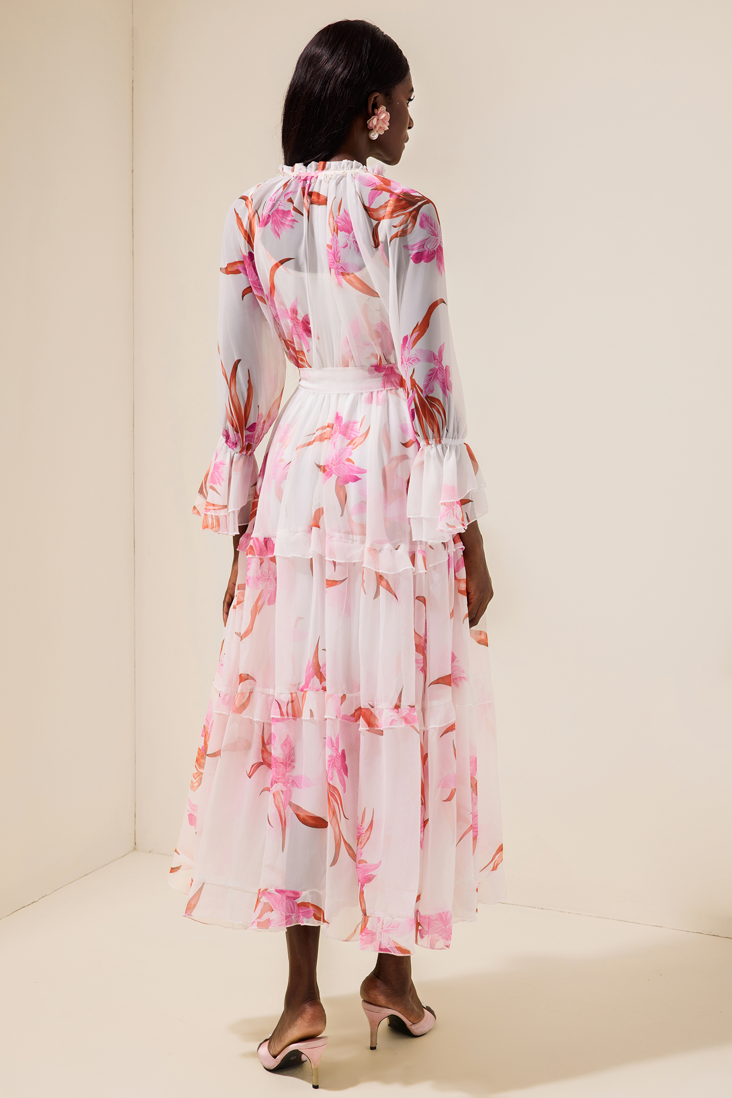 Chiffon Floral Rivet Midi Dress With Belt