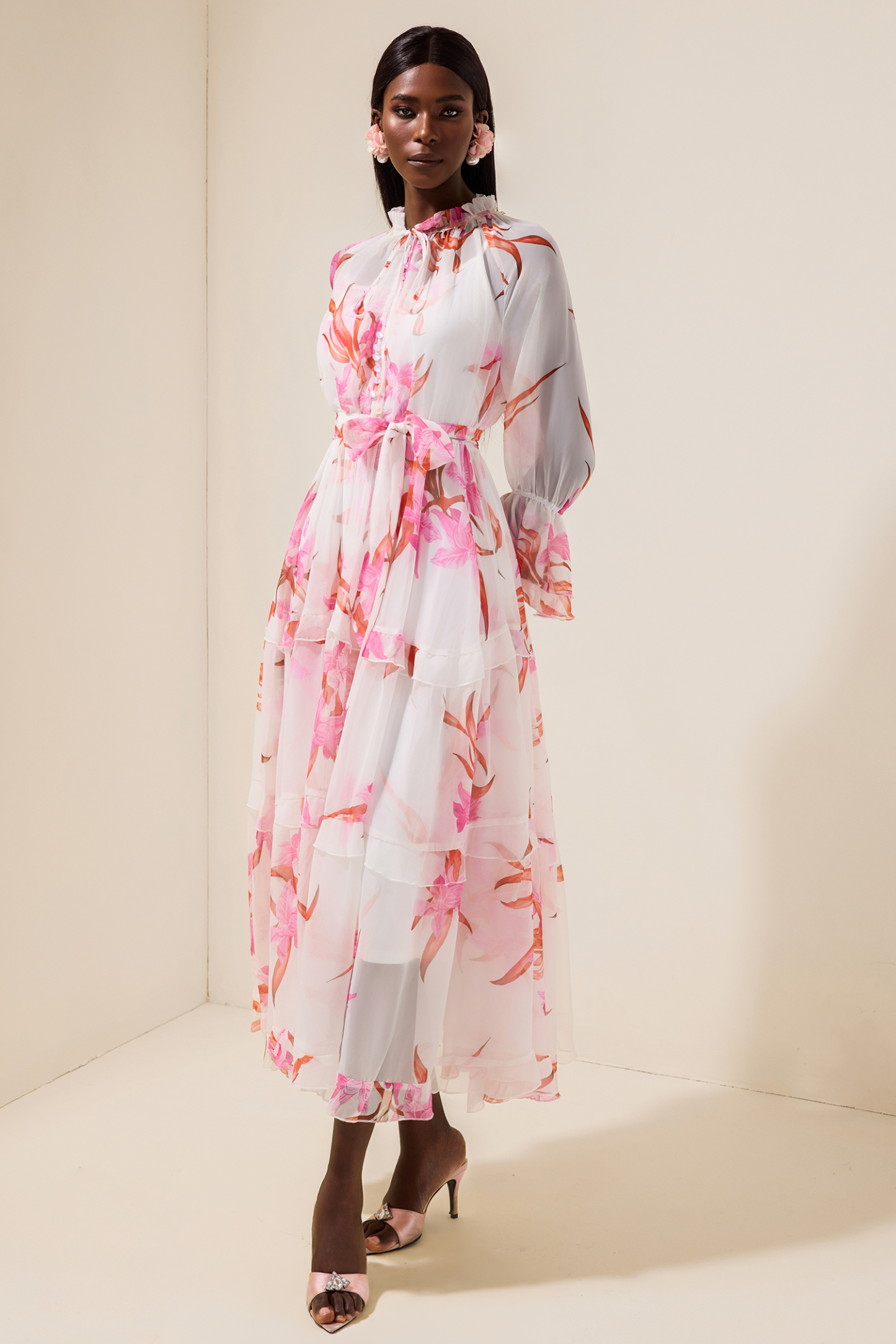 Chiffon Floral Rivet Midi Dress With Belt