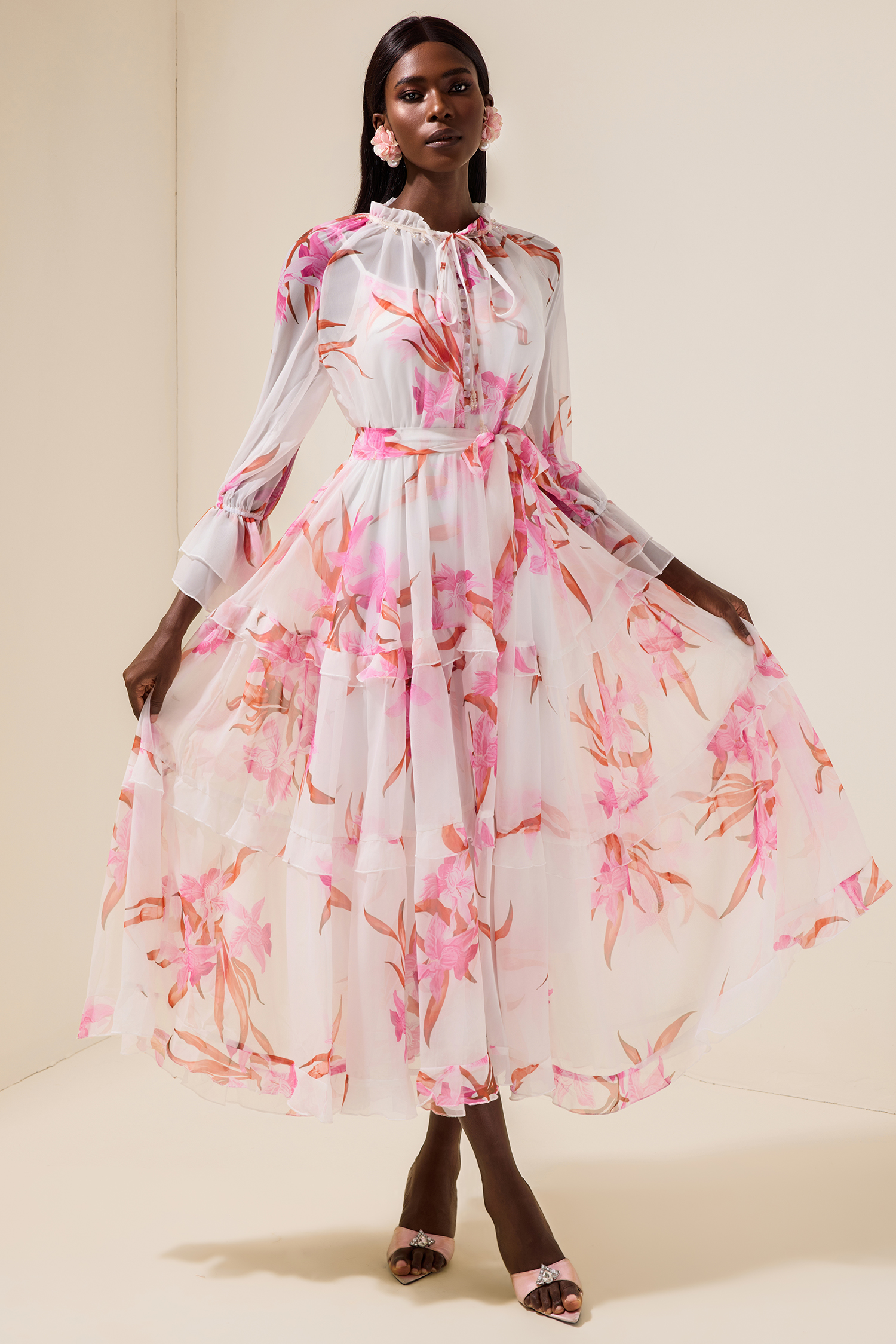 Chiffon Floral Rivet Midi Dress With Belt