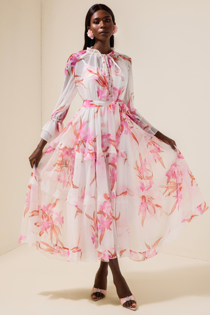 Chiffon Floral Rivet Midi Dress With Belt