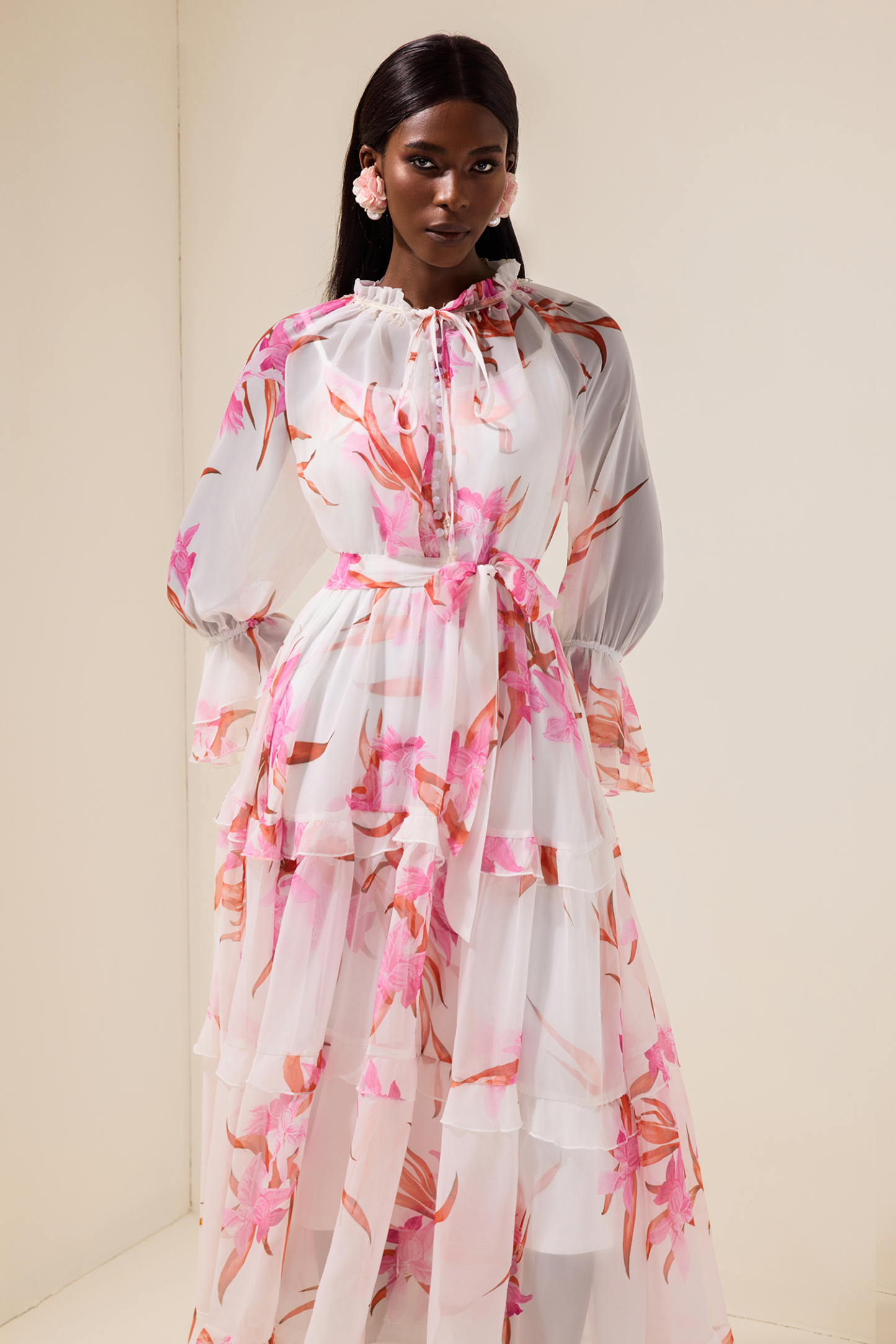 Chiffon Floral Rivet Midi Dress With Belt