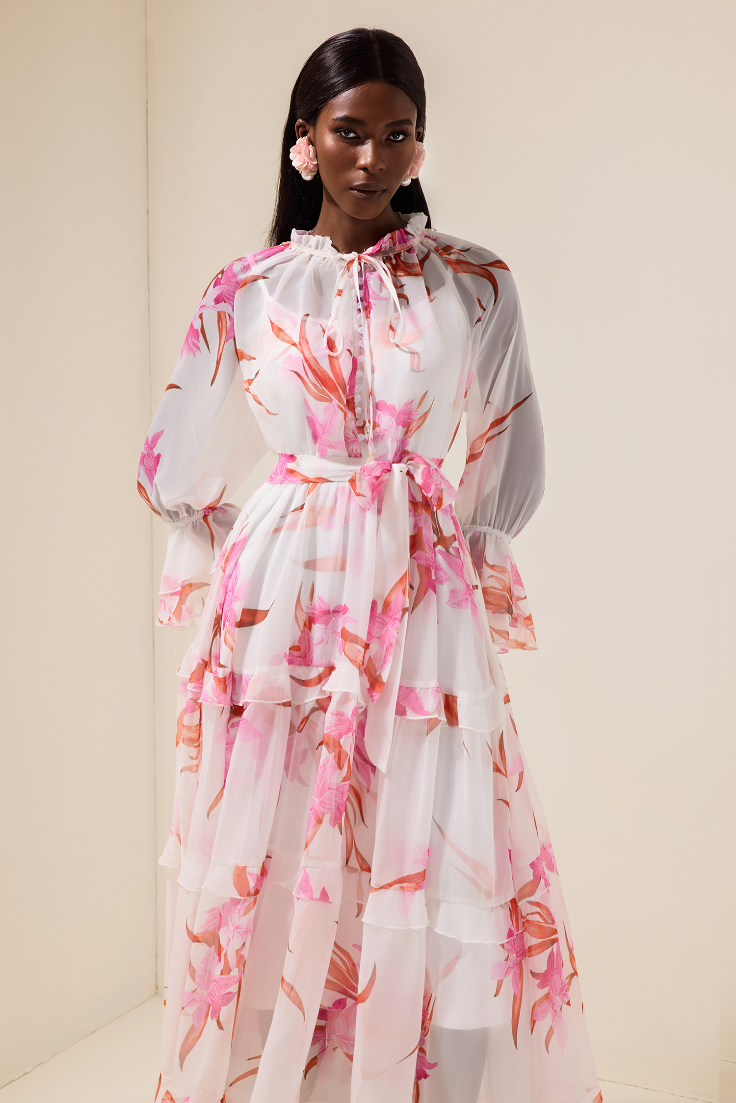 Chiffon Floral Rivet Midi Dress With Belt