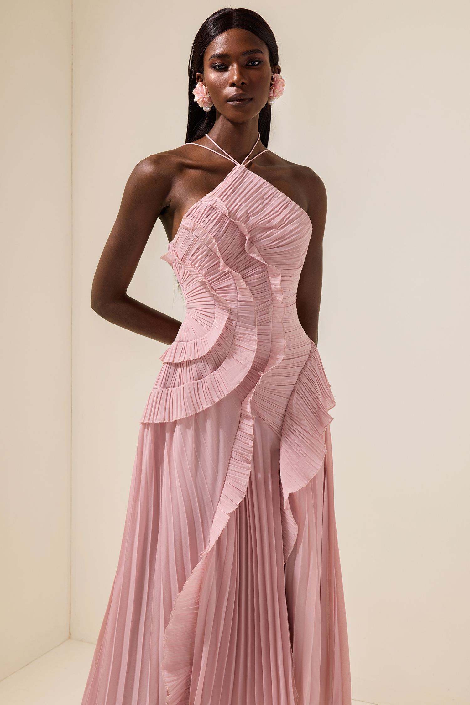Pleated Frill Halter Neck Midi Dress – JardinVue